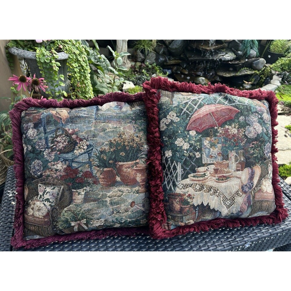 Vintage Tapestry Pillows Pair 18” Garden Cottagecore Double Sided Fringe Decor